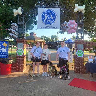 People and dogs at the starting line of the Bark in the Park race