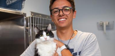 Smiling person holding a young cat in a vet clinic