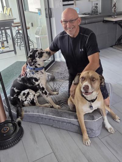 Ben and Zeus the dogs with their adopter