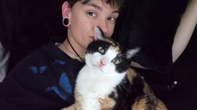 Person snuggling with Calliope the calico cat on her lap