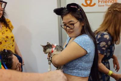 Person wearing a cat ears headband holding a kitten