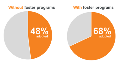 Two pie charts showing the difference between the 48% adopted without foster programs and 68% adopted with foster programs