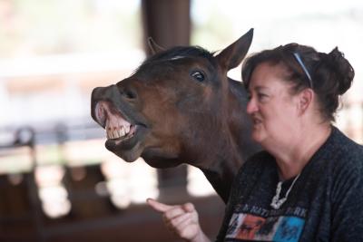 Person who is next to a horse who is "smiling"