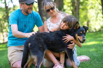 Child hugging a dog while the parents watch