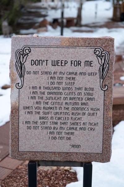 "Don't Weep For Me" poem inscribed on a memorial tablet at Angels Rest