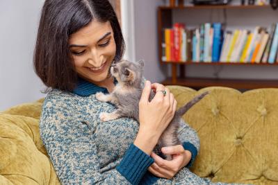 Smiling person holding a kitten