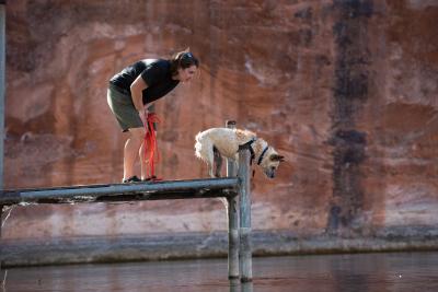 Person and dog on a dock looking down into the Three Lakes water with a red rock cliff behind behind them