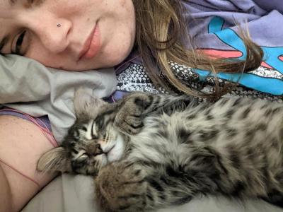 Jennifer Ronzello lying next to a sleeping tabby kitten