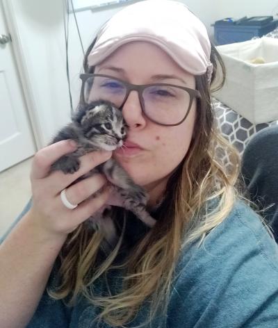 Jennifer Ronzello kissing a small tabby kitten