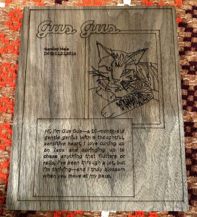 Wood etching featuring Gus Gus the cat