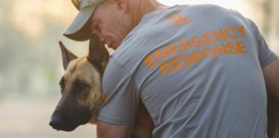 Tan dog being held by man in grey emergency response shirt