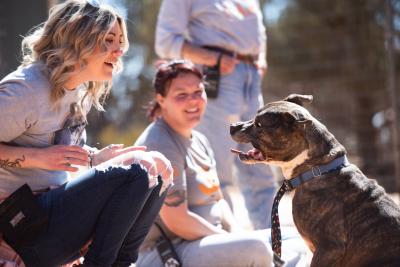 Group of people having a party for Legion the dog