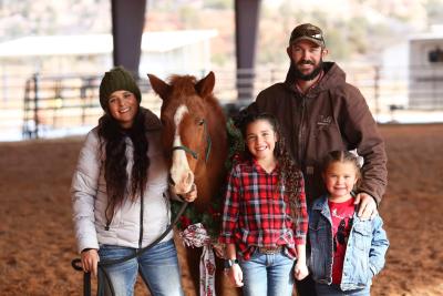 Apple Jack the pony being adopted by a family