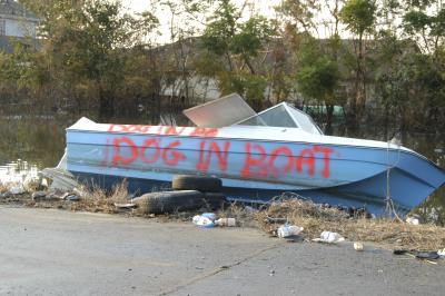 Boat on land with "Dog in Boat" spray painted in red on the side of the boat following Hurricane Katrina