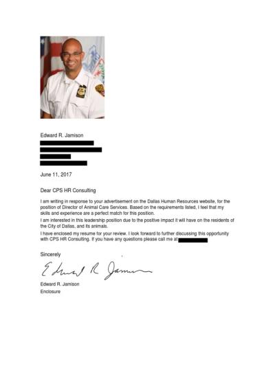 Ed Jamison cover letter for his job