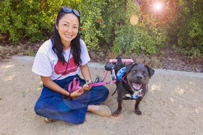 Kody the dog in her wheelchair next to Ranko Fukuda