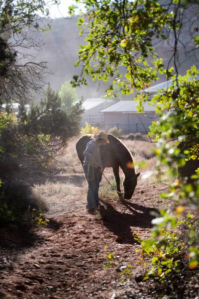 Volunteer Karin Hamilton outside with Curly Sue the horse on a lead