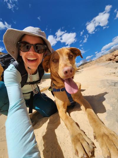 Katy Bentz on an outing with Groot the dog