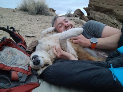 Kieran Corrigan outside with a dog