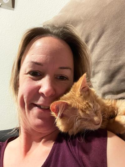 Leon the kitten lying on a person's shoulder