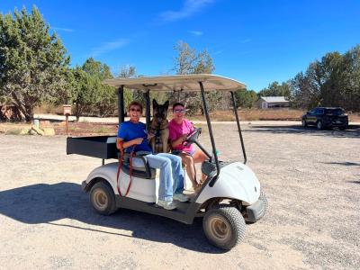 Marge the dog riding in a golf cart with two people