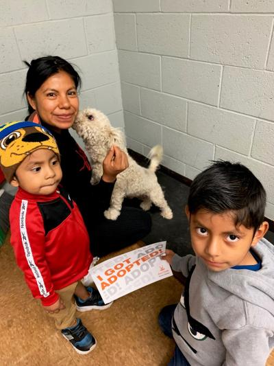 Boscoe the dog kissing the face of one of three people in a family adopting him