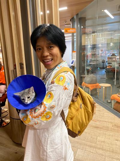 Smiling adopter holding a gray tabby cat wearing a blue e-collar at Best Friends Lifesaving Center in New York City