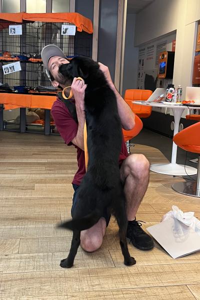 Dog standing on hind legs to kiss the face of his adopter at the Best Friends Lifesaving Center in New York City