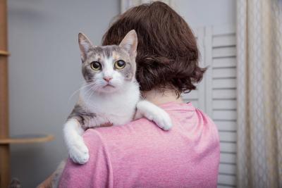 Person holding a cat over her shoulder
