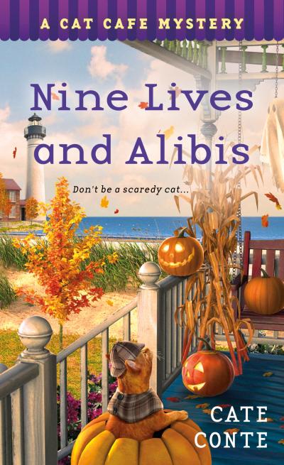 Cover of the book, "Nine Lives and Alibis: A Cat Cafe Mystery"