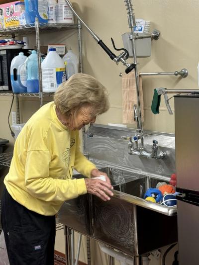 Volunteer cleaning a sink