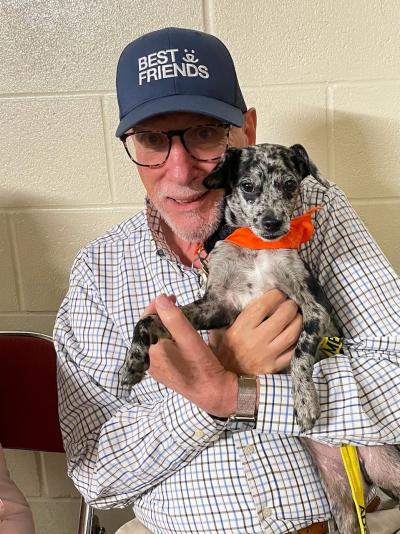 Volunteer Ira Shankman holding Sonny the puppy, who is wearing an orange bandanna