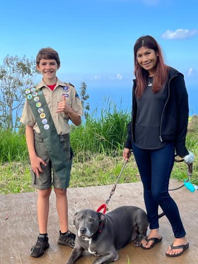 David King and another person with Smokey the dog