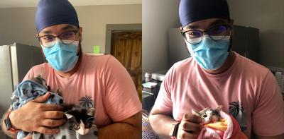 Collage of two photos of volunteer Ramandeep Singh holding cats