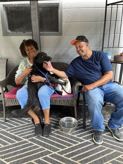 Mojo the dog on the lap of one of his two smiling adopters