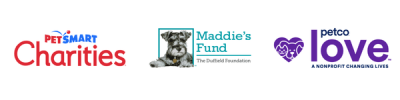 Three logos: Petsmart Charities, Maddie's Fund, Petco Love