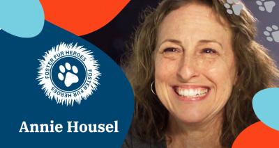 Smiling face of Annie Housel surrounded by graphics with her name and the  Foster Fur Heroes logo