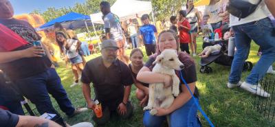 Person holding a puppy at an outdoor adoption event