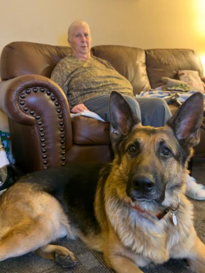 Shadow the dog with Donna behind him sitting on a couch