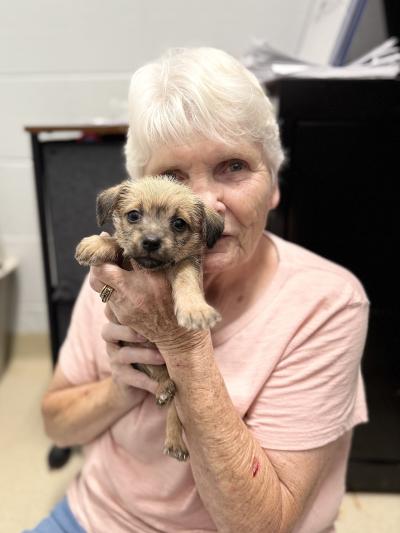 Terry holding a small puppy in front of her face