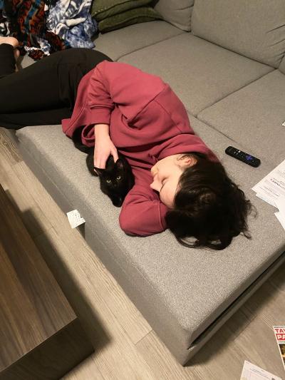 Thistle the cat snuggling with a person on a couch