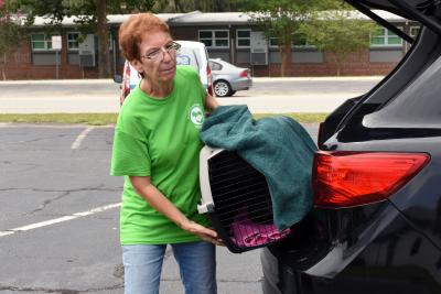 Volunteer loading a towel-covered pet carrier into the back of a hatchback vehicle