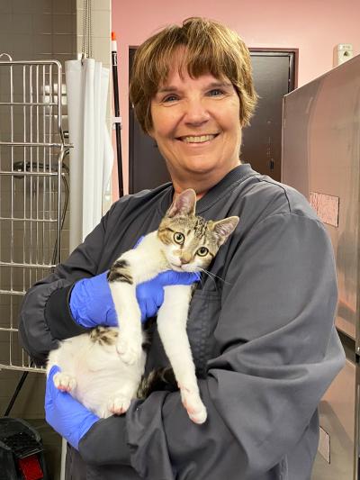 Volunteer Heather Mahood holding a tabby and white cat