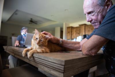 Marty Winnick petting an orange cat while Brenda Winnick works on a computer in the background