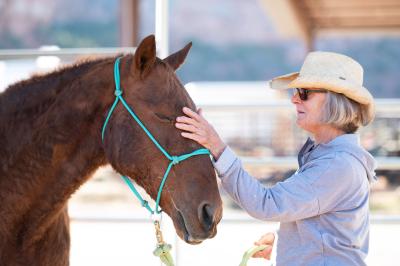 Karin Hamilton the volunteer petting Curly Sue the horse's face