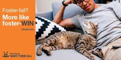 A tabby cat and a man wearing glasses look at each other while lounging on a couch. An orange box on the left says &quot;Foster fail? More like foster-WIN. #fosterwin.&quot;