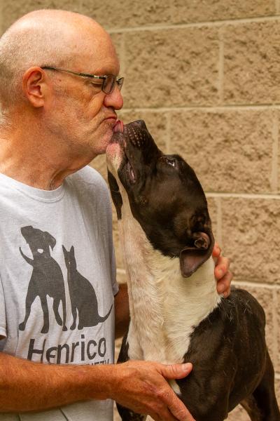 Bark Twain the dog licking the chin of a person
