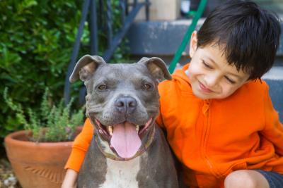 Child smiling with his arm around a happy dog whose tongue is out