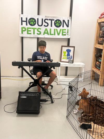Yuvi Agarwal playing the keyboard to some puppies in a pen with a Houston Pets Alive banner behind him