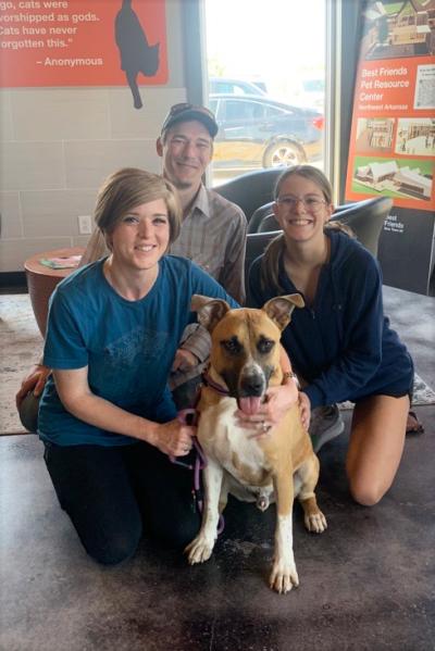 Homer the dog being adopted by his new family